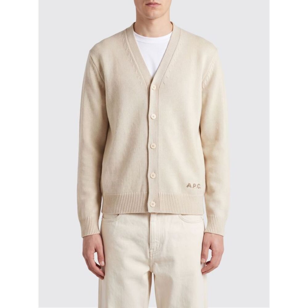 A.P.C. Men V-Neck Pure Wool Cardigan A.P.C. With Contrast Logo